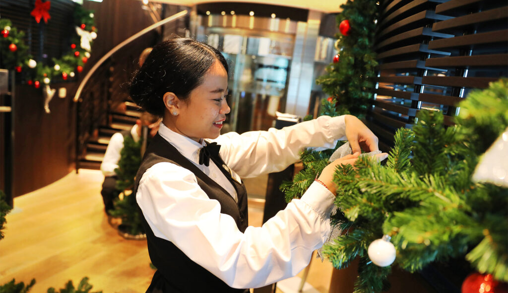 Our extraordinary crew decorates for the winter holidays on board the beautiful AmaLea on a Christmas market river cruise.