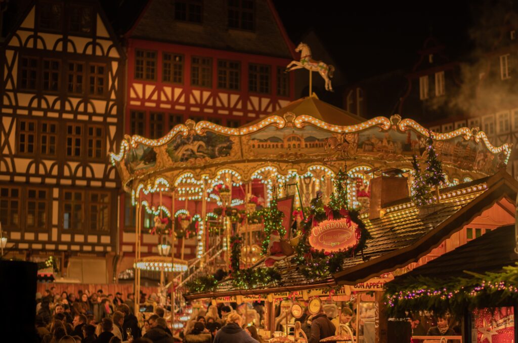 Germany Christmas Market Romerberg Plaza that can be enjoyed while on a Christmas Market river cruise.