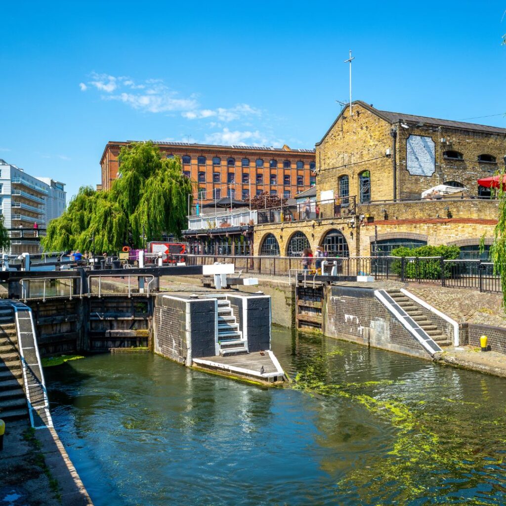 A picture of Camden along the Riverbank in a trendy neighborhood in London.