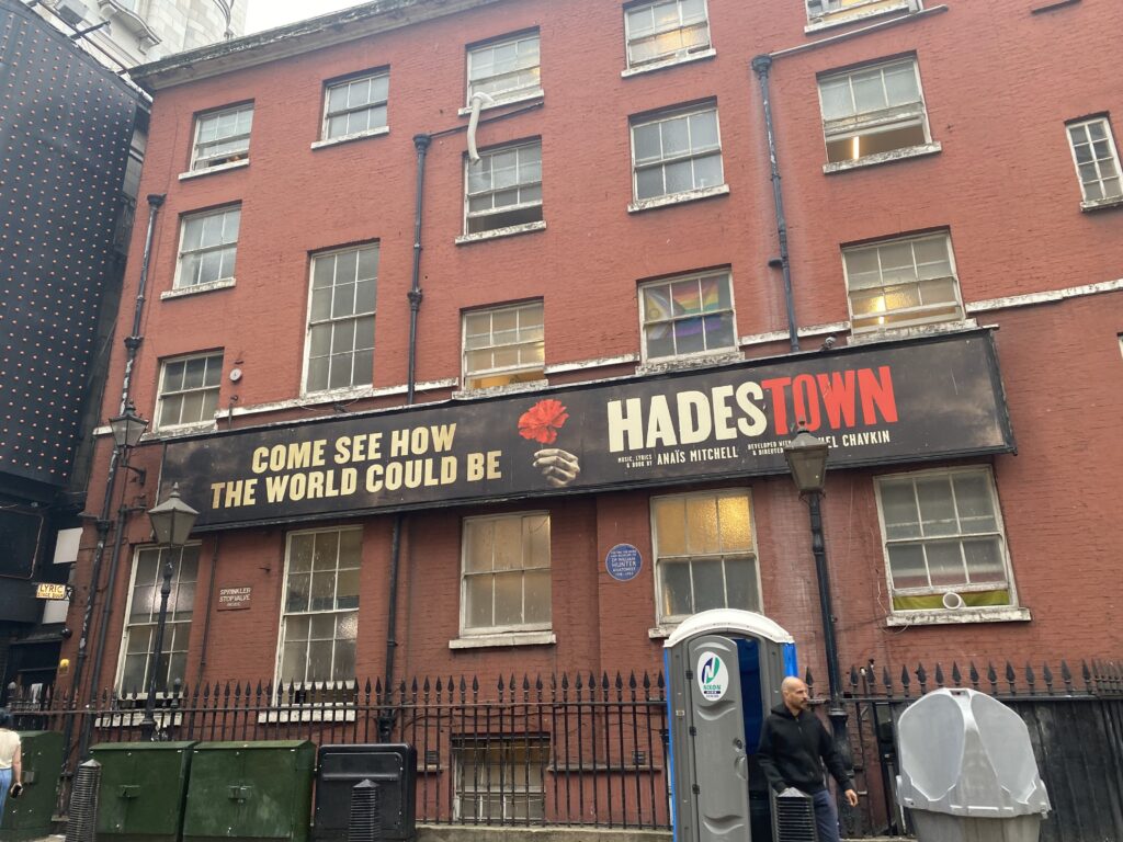 Hadestown marquee we saw during our London Family Vacation