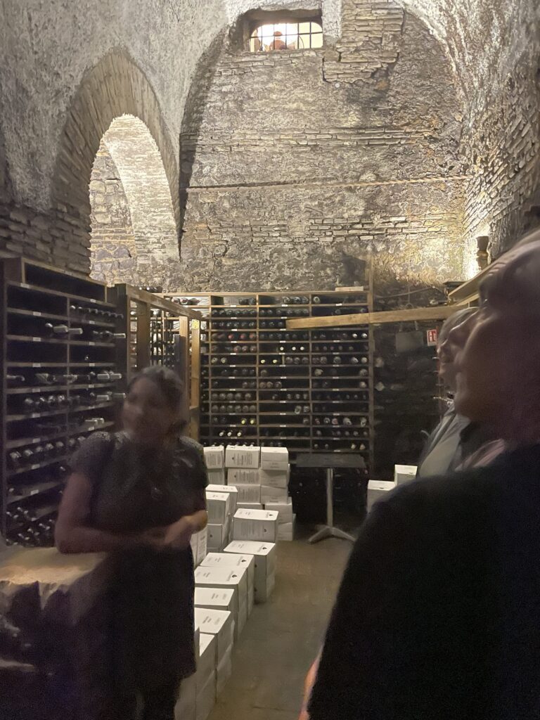 An old wine cellar in a restaurant in Travestere during a food tour in Rome, Italy.