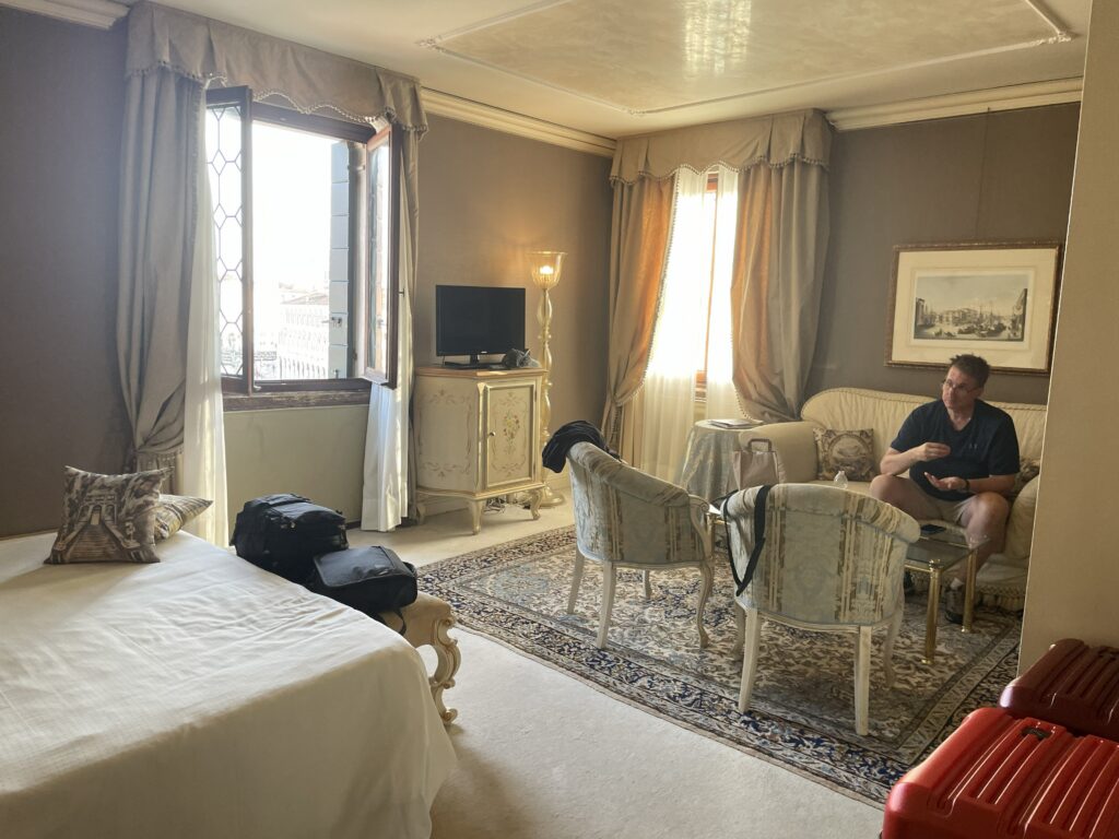 Beautiful hotel room in Ca' Sagredo where a scene from "The Tourist" was filmed during our Italy and Paris anniversary trip