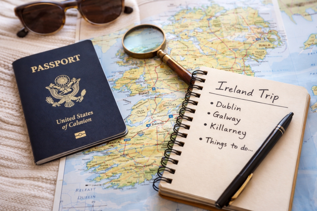 Travel planning flatlay with map passport and notebook