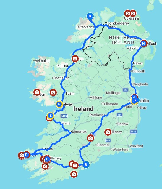 Map of Ireland showing a clockwise coastal loop route for a 9-day Ireland road trip itinerary