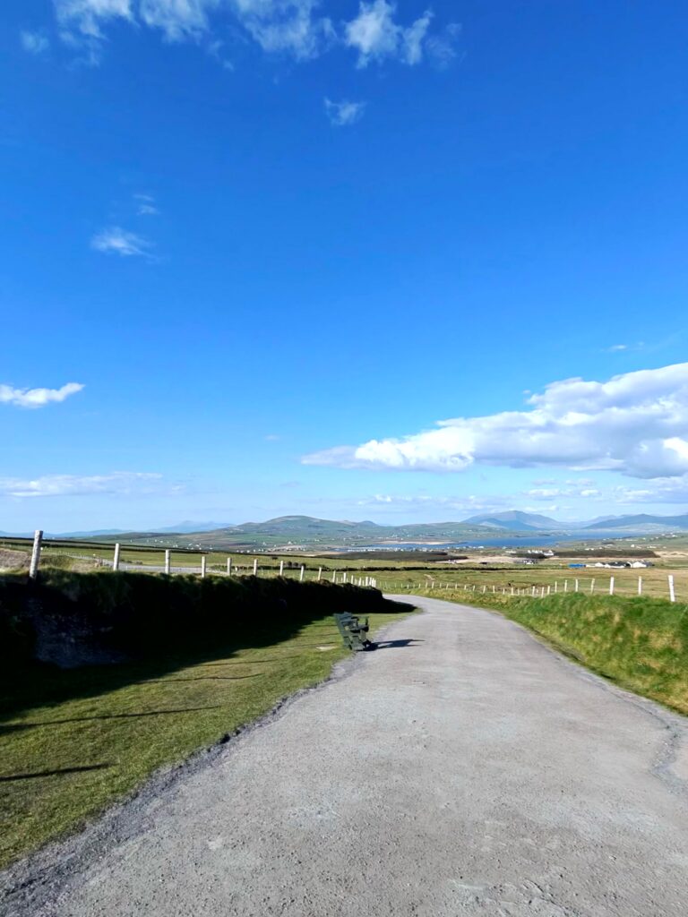 Narrow coastal road along the Ring of Kerry with green hillsides and the Atlantic Ocean in the distance