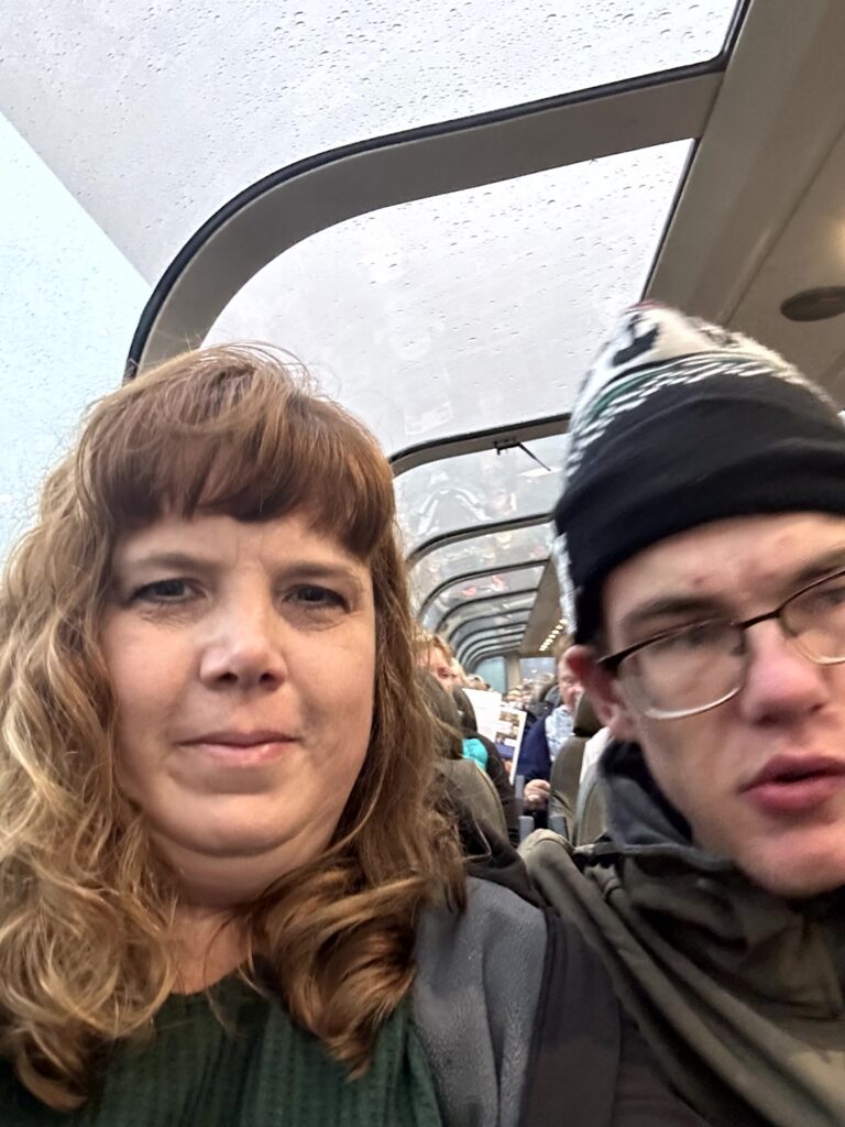 Mother and son on the Alaska cruisetour glass dome train to Talkeetna
