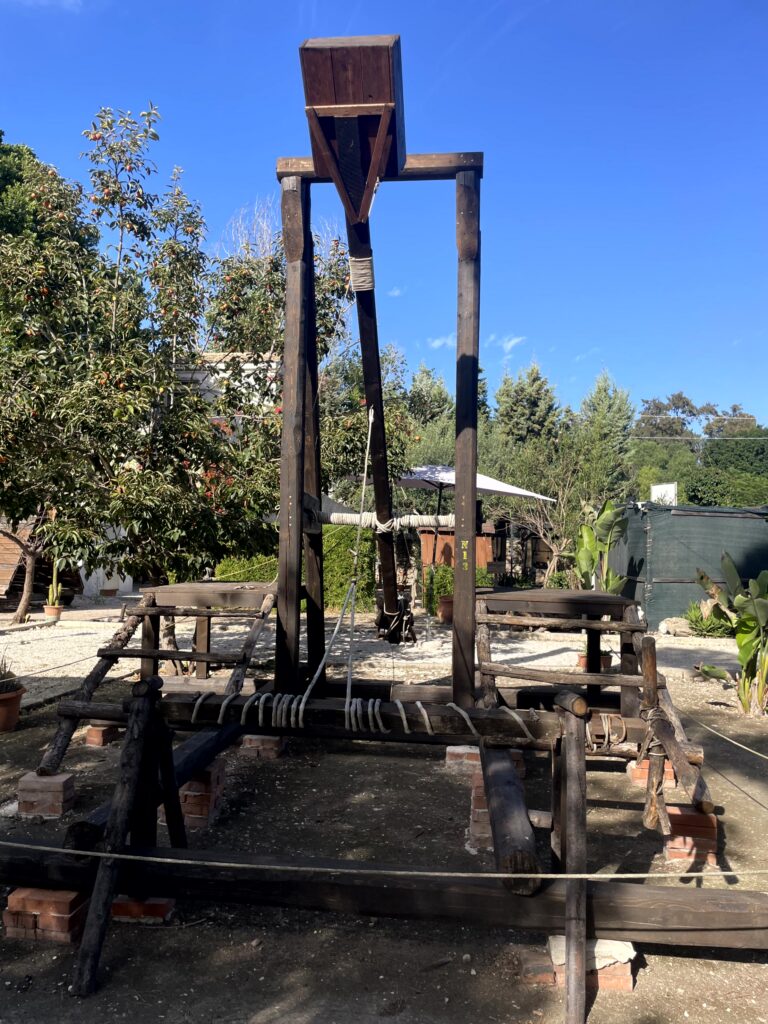 A life-size wooden reconstruction of one of Archimedes' machines at the Tecnoparco Archimede open-air museum in Syracuse, Sicily.